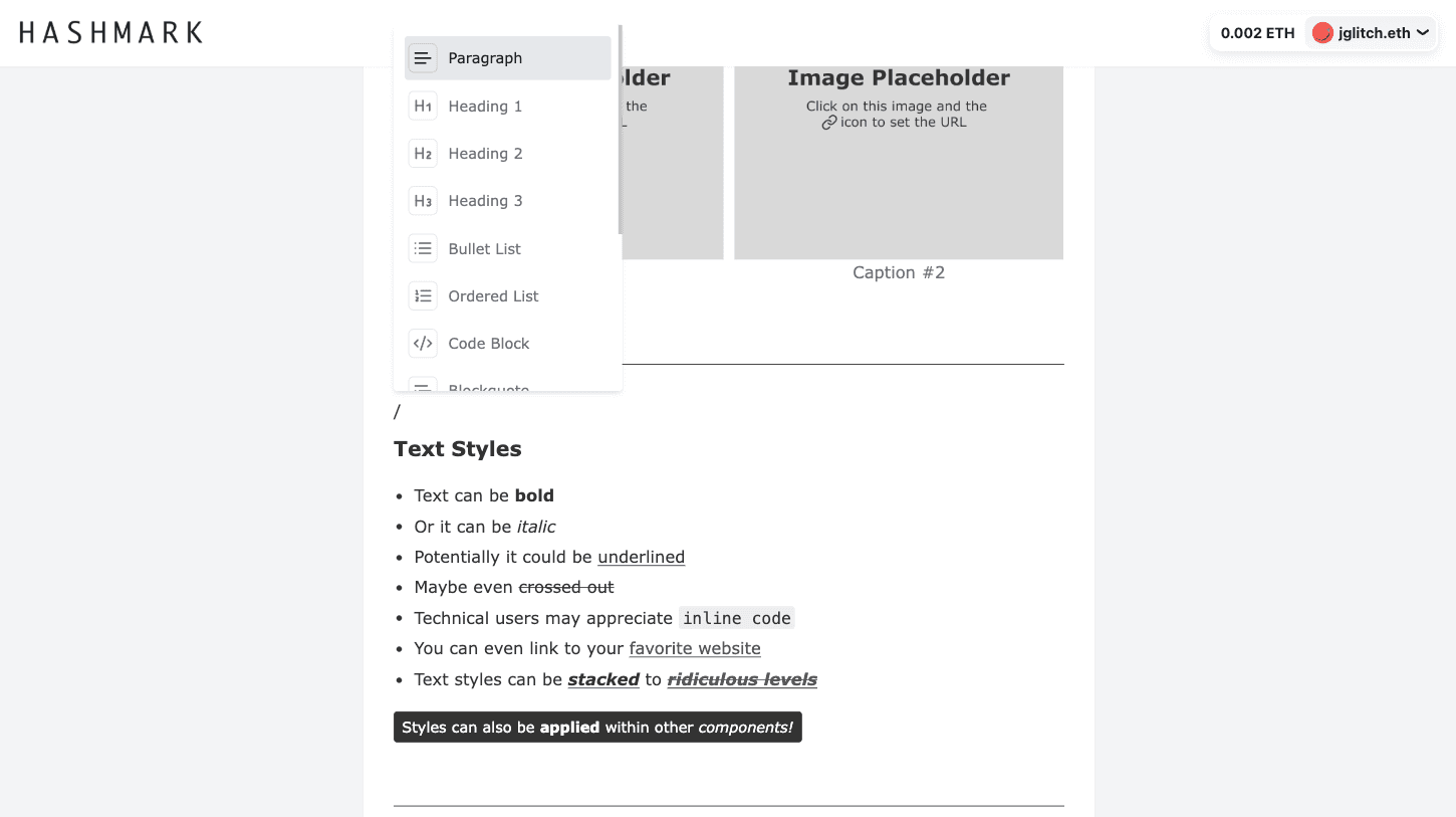 Hashmark Editor Slash Commands